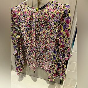 French Connection Ruffled Fitted Long Sleeve Blouse in Purple and Pink